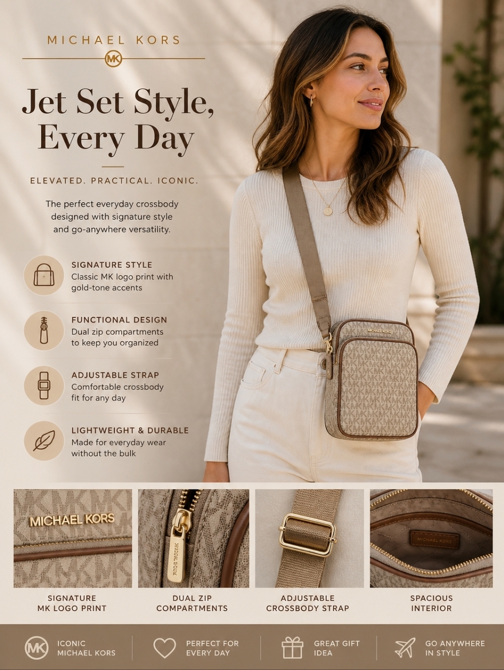 Michael Kors MK Signature Logo Crossbody Bag | Vanilla/Acorn | Flight Bag - Picture 1 of 6